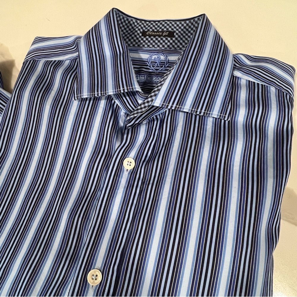 Bugatchi men's Blue and White Striped Dress Shirt‎ Size large size tag flawed